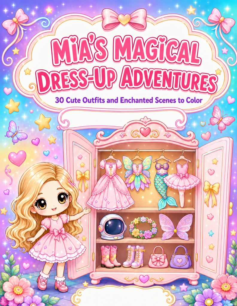 Mia’s Magical Dress-Up Adventures Printable Colouring Book – 31 Cute Outfit Pages PDF